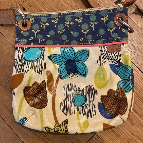 Fossil Key-Per Crossbody Bag Purse Coated Canvas BlueTeal Brown Lime Brown Cream - Picture 6 of 11